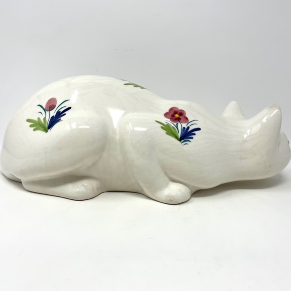 ELPA Alcobaca Ceramic Cat with Glass Blue Glass Eyes Made in Portugal Flowers - Picture 3 of 9